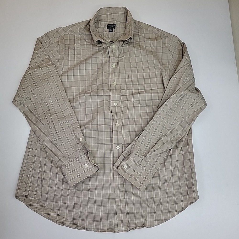 Merona Long Sleeve Mens Sz L Tan Striped Button‎ Up Casual Preppy Dress Shirt
